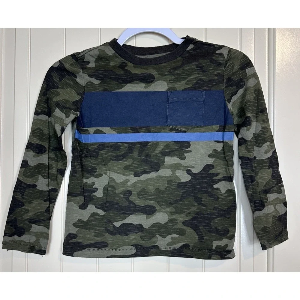 Gap Kids boys green camo long sleeve cotton‎ pocket t-shirt sz S GUC
